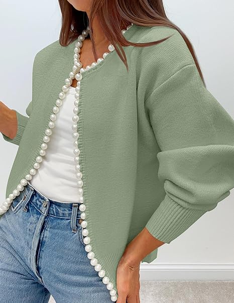Women's open-front cardigan with pearl trim and long sleeves