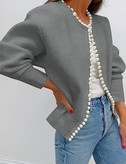 Women's open-front cardigan with pearl trim and long sleeves