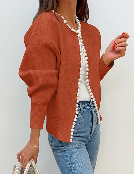 Women's open-front cardigan with pearl trim and long sleeves