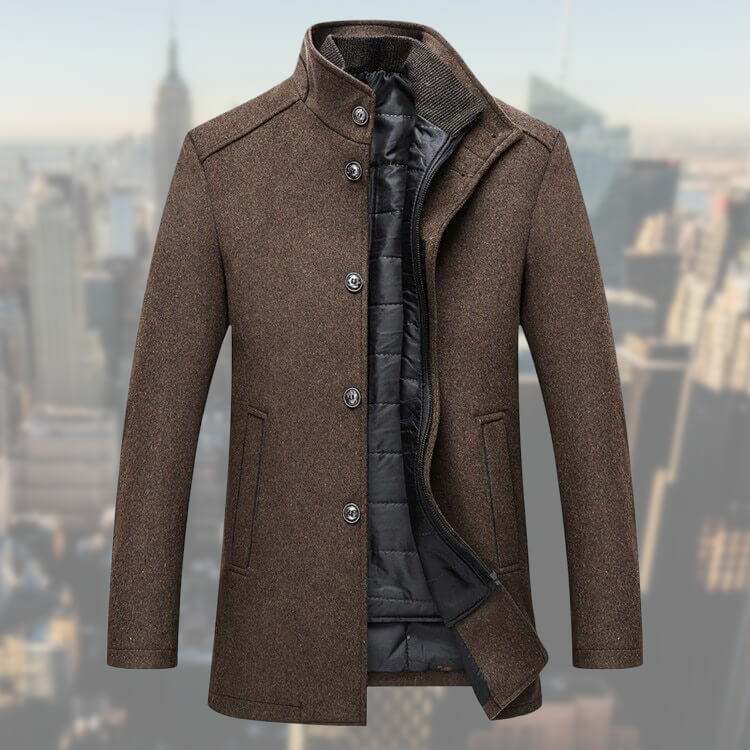 Men's button front coat with raised mock collar and quilted interior