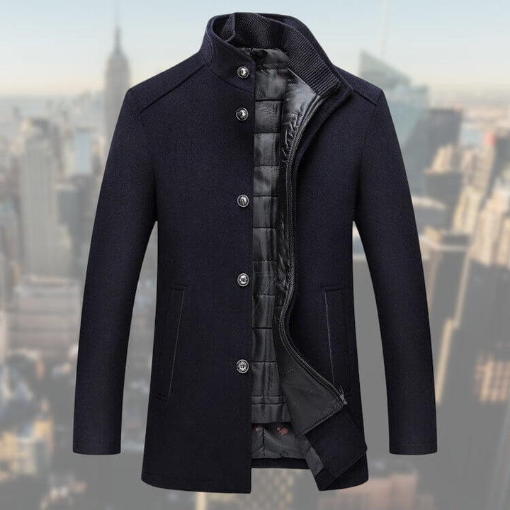 Men's button front coat with raised mock collar and quilted interior