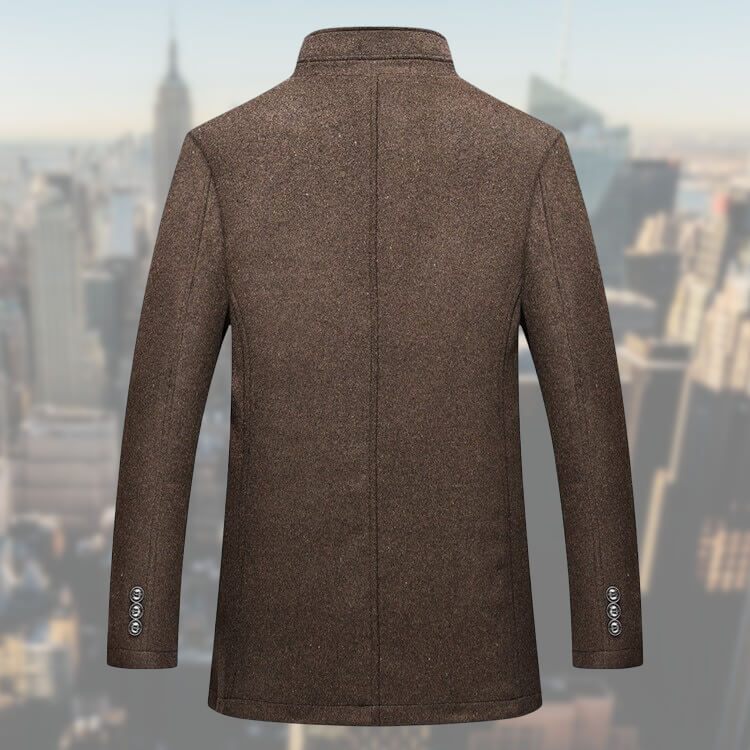 Men's button front coat with raised mock collar and quilted interior