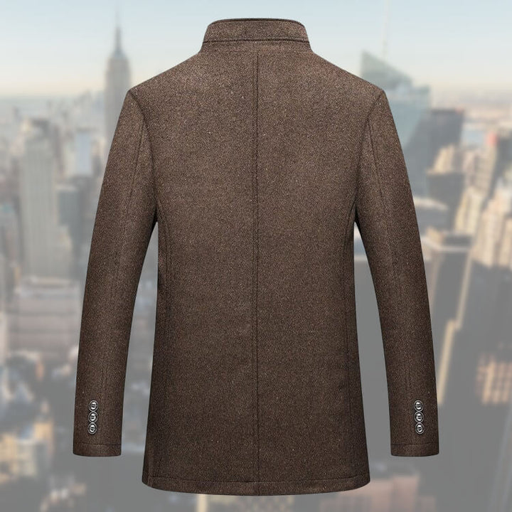 Men's button front coat with raised mock collar and quilted interior
