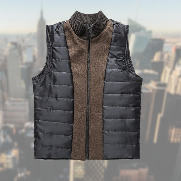 Men's button front coat with raised mock collar and quilted interior