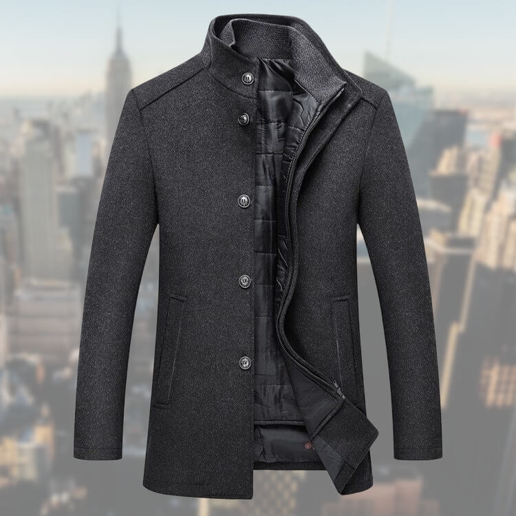 Men's button front coat with raised mock collar and quilted interior