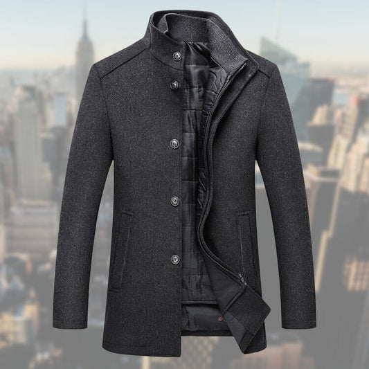 Men's button front coat with raised mock collar and quilted interior