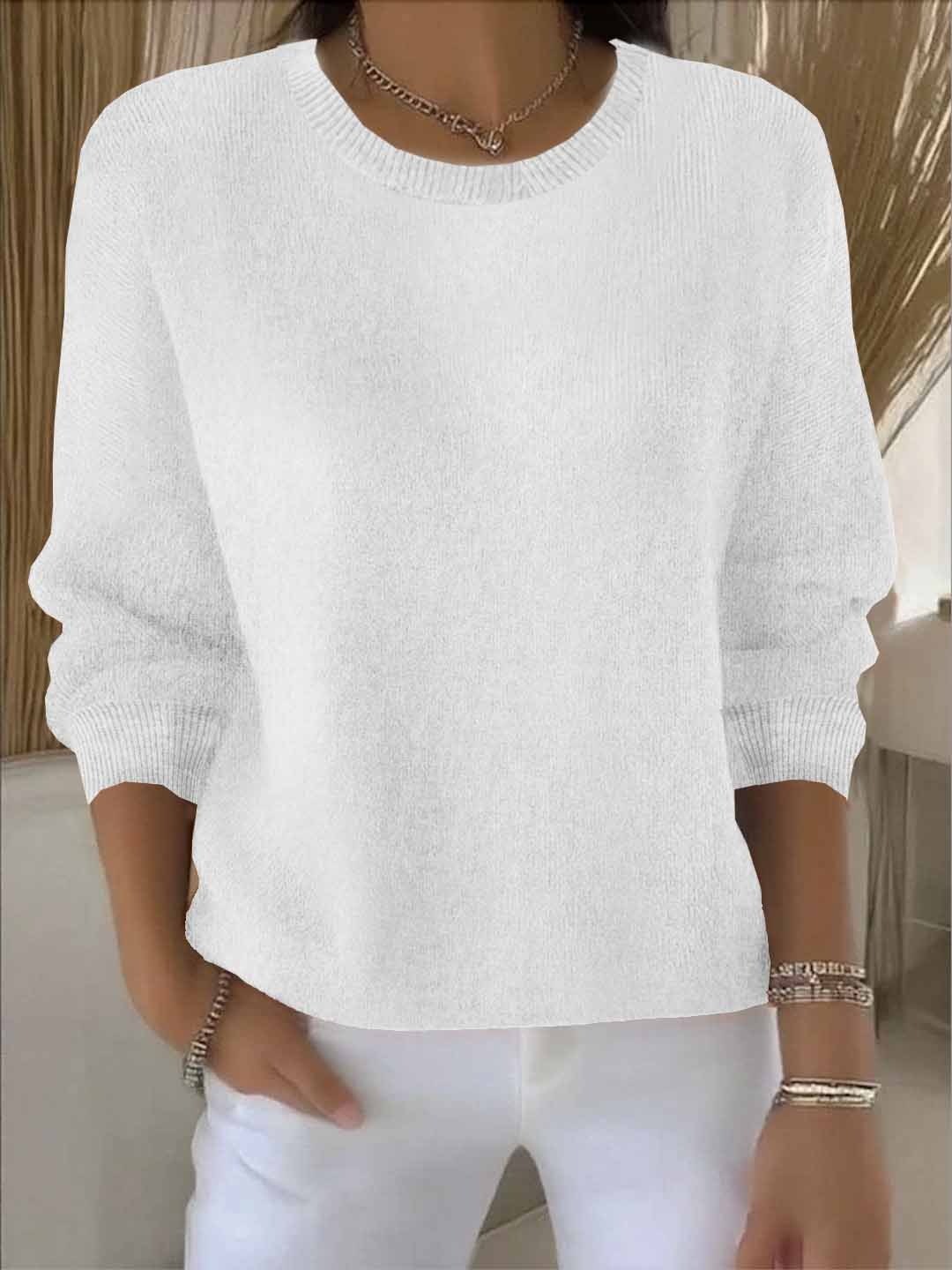 Women's crew neck long sleeve knit sweater with ribbed trims