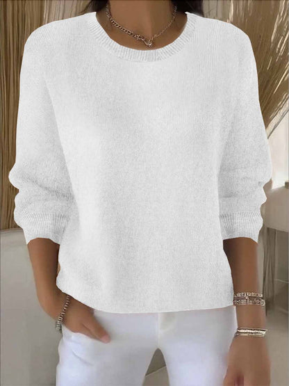 Women's crew neck long sleeve knit sweater with ribbed trims