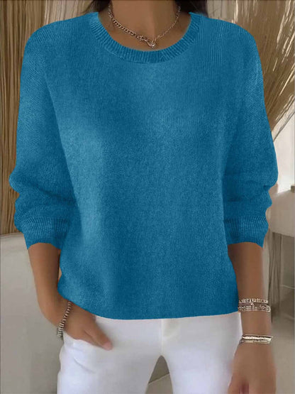 Women's crew neck long sleeve knit sweater with ribbed trims