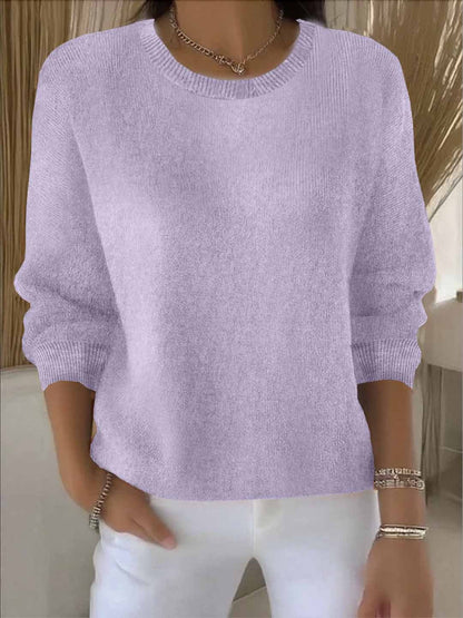 Women's crew neck long sleeve knit sweater with ribbed trims