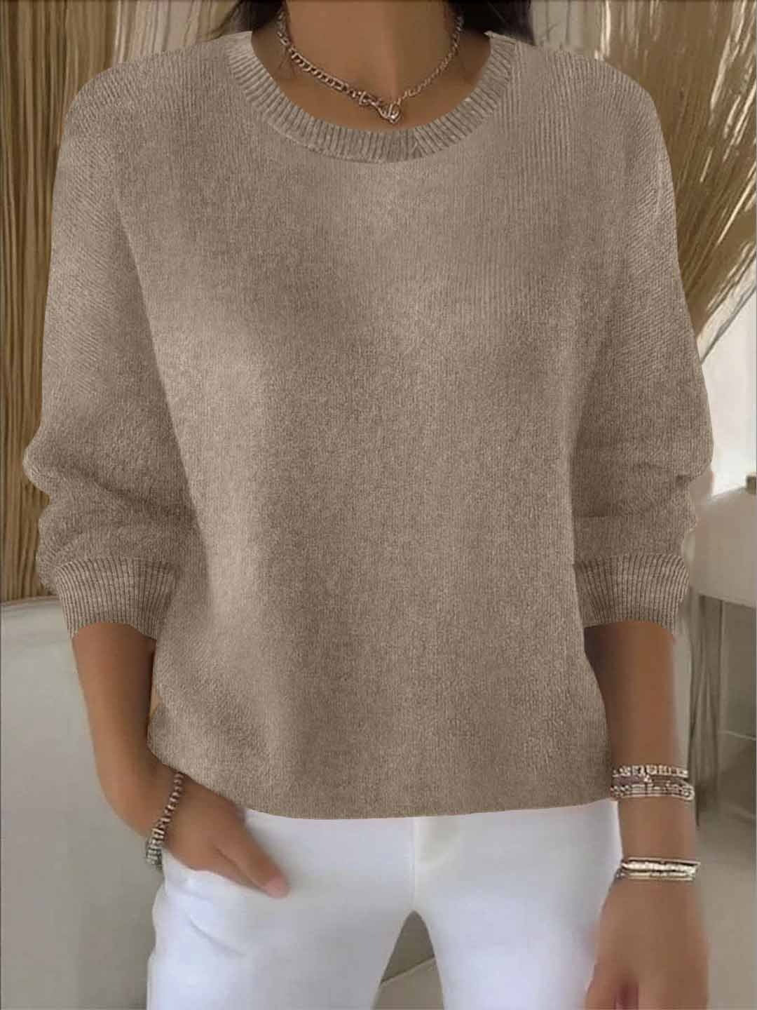 Women's crew neck long sleeve knit sweater with ribbed trims