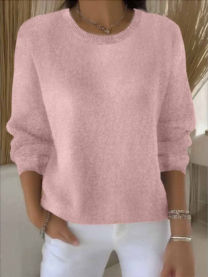 Women's crew neck long sleeve knit sweater with ribbed trims
