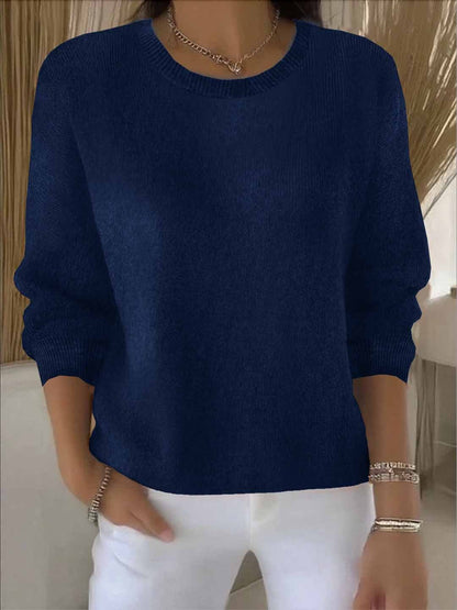 Women's crew neck long sleeve knit sweater with ribbed trims