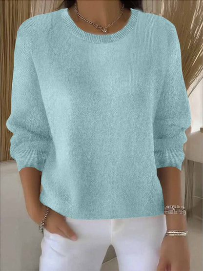 Women's crew neck long sleeve knit sweater with ribbed trims