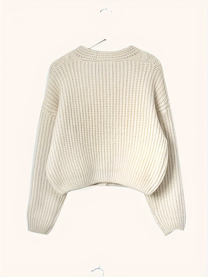 Women's beige chunky knit cardigan with cable panels and button front