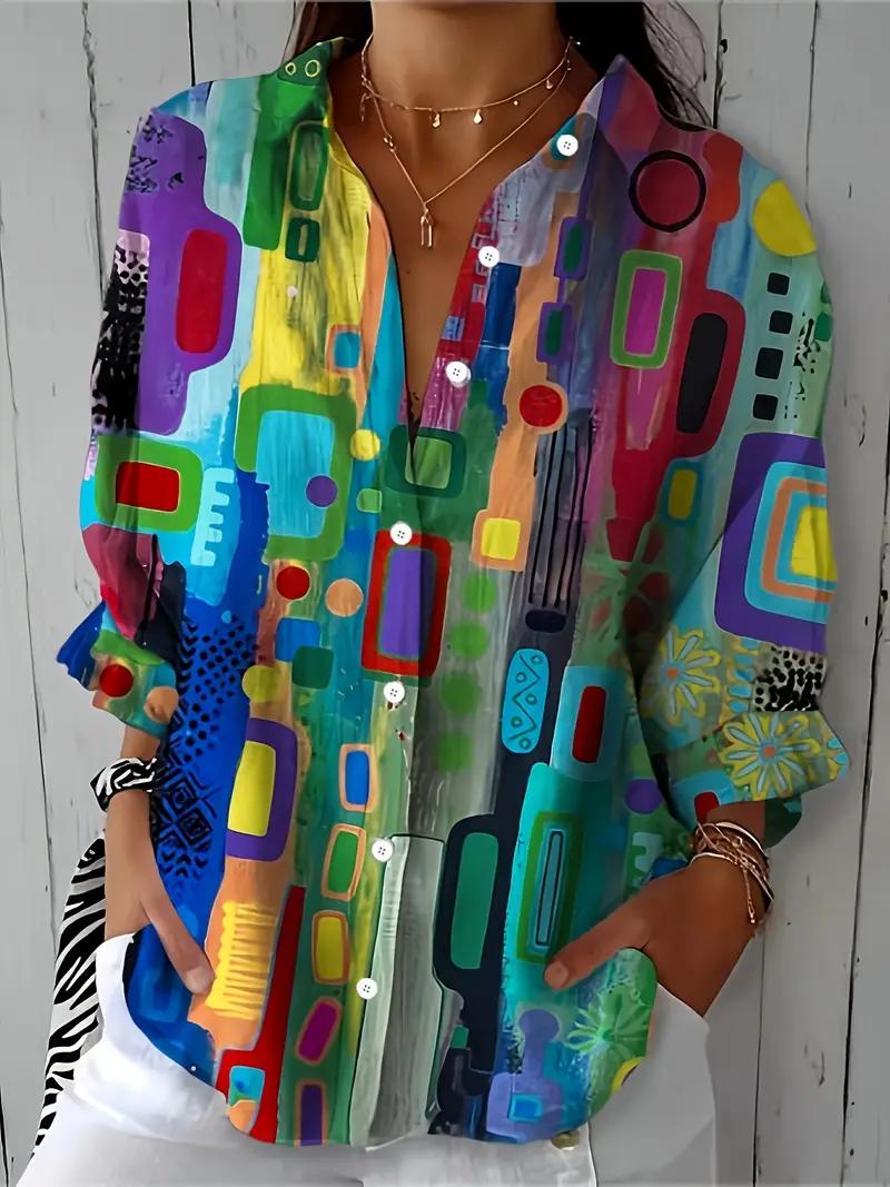 Woman wearing a multicolor abstract print blouse with collar and long sleeves