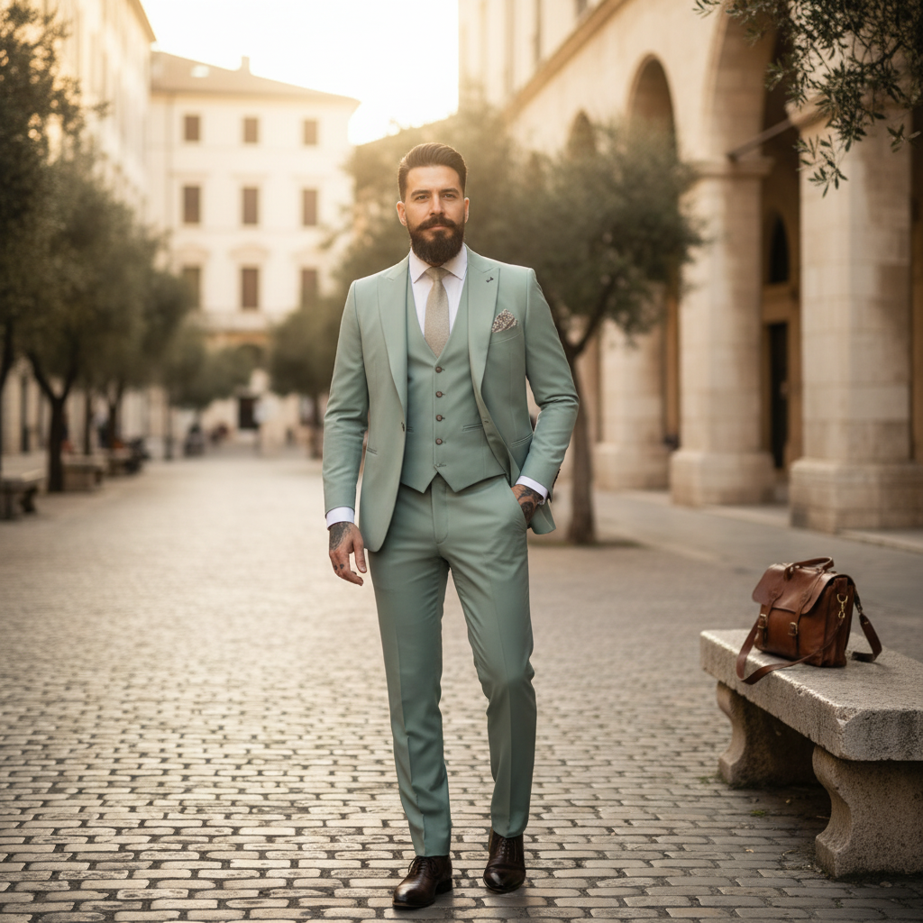 Men's sage green three piece suit with notch lapel jacket and button vest