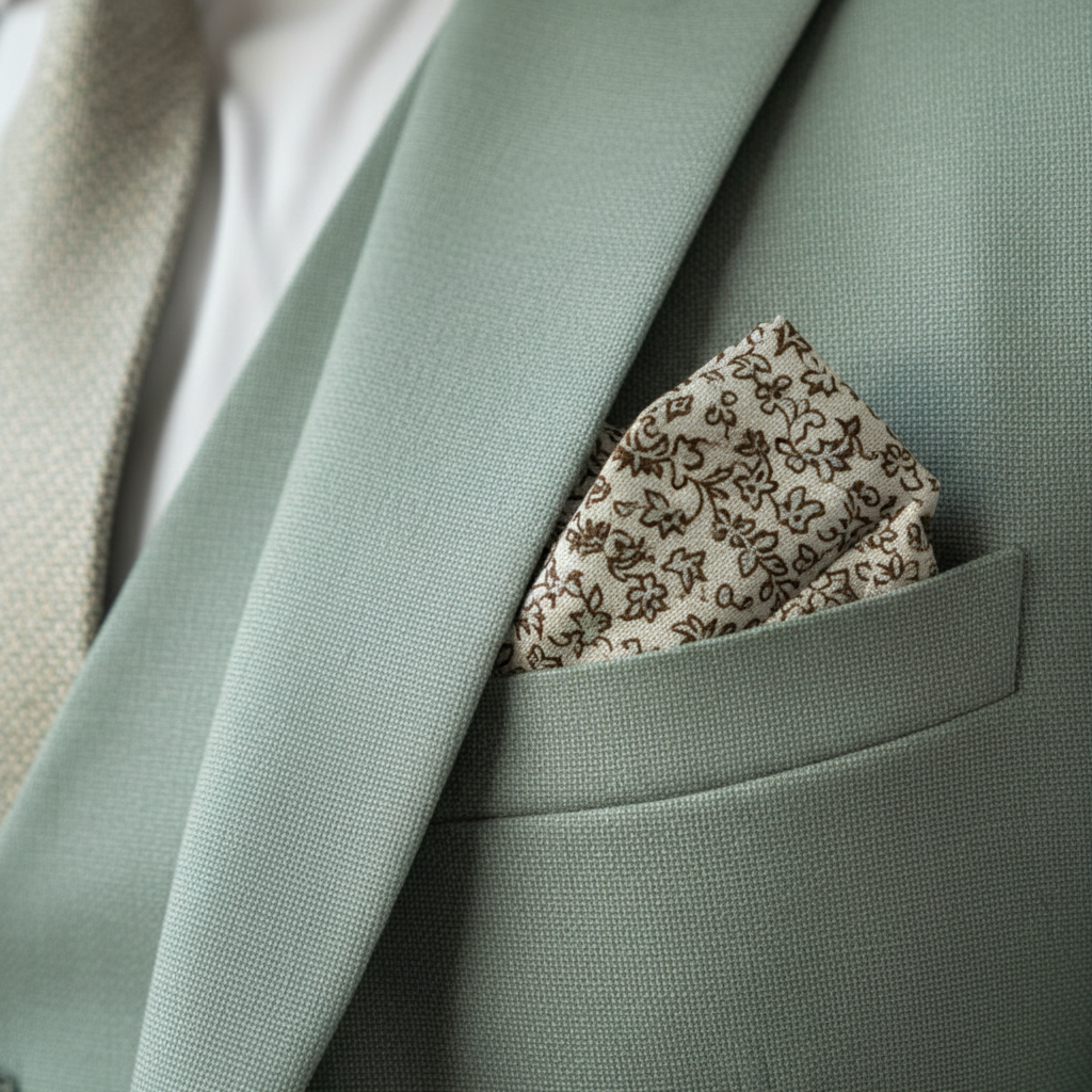 Men's sage green three piece suit with notch lapel jacket and button vest