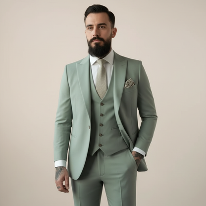 Men's sage green three piece suit with notch lapel jacket and button vest