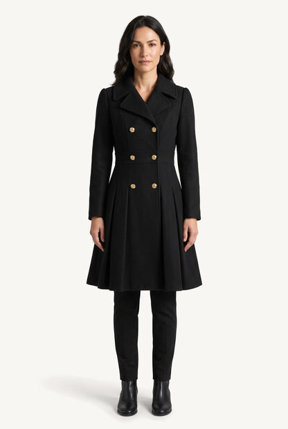 Women's double-breasted flared coat with notched lapels and long sleeves