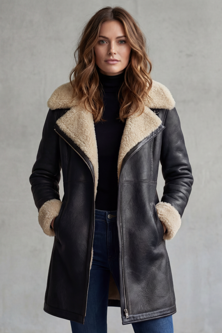 Women's black long coat with cream shearling-style collar and cuffs
