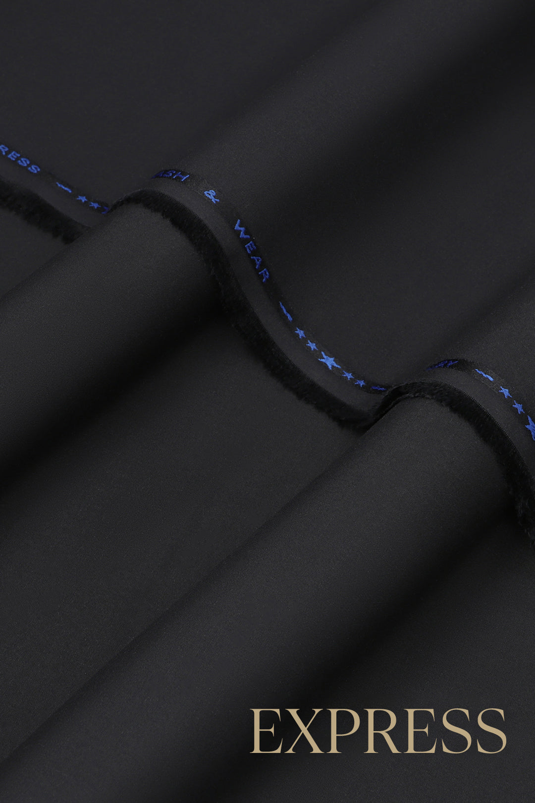 Close-up of smooth suit fabric with branded trim