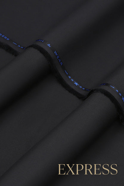 Close-up of smooth suit fabric with branded trim