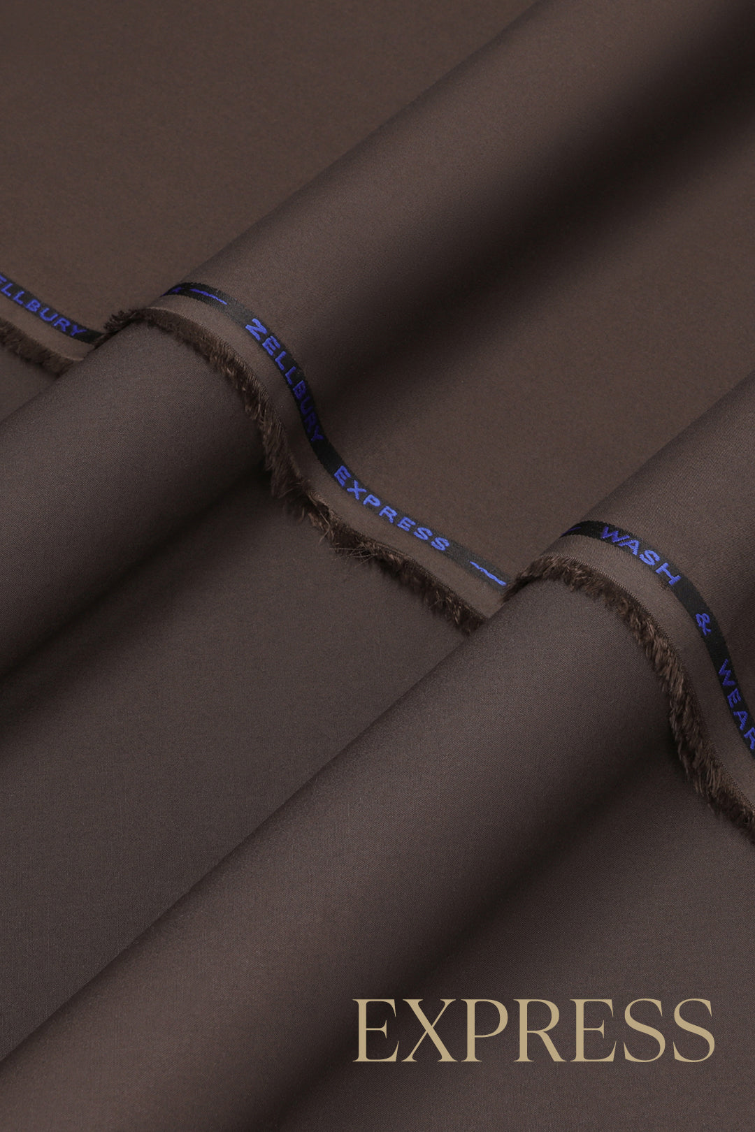 Close-up of smooth suit fabric with branded trim