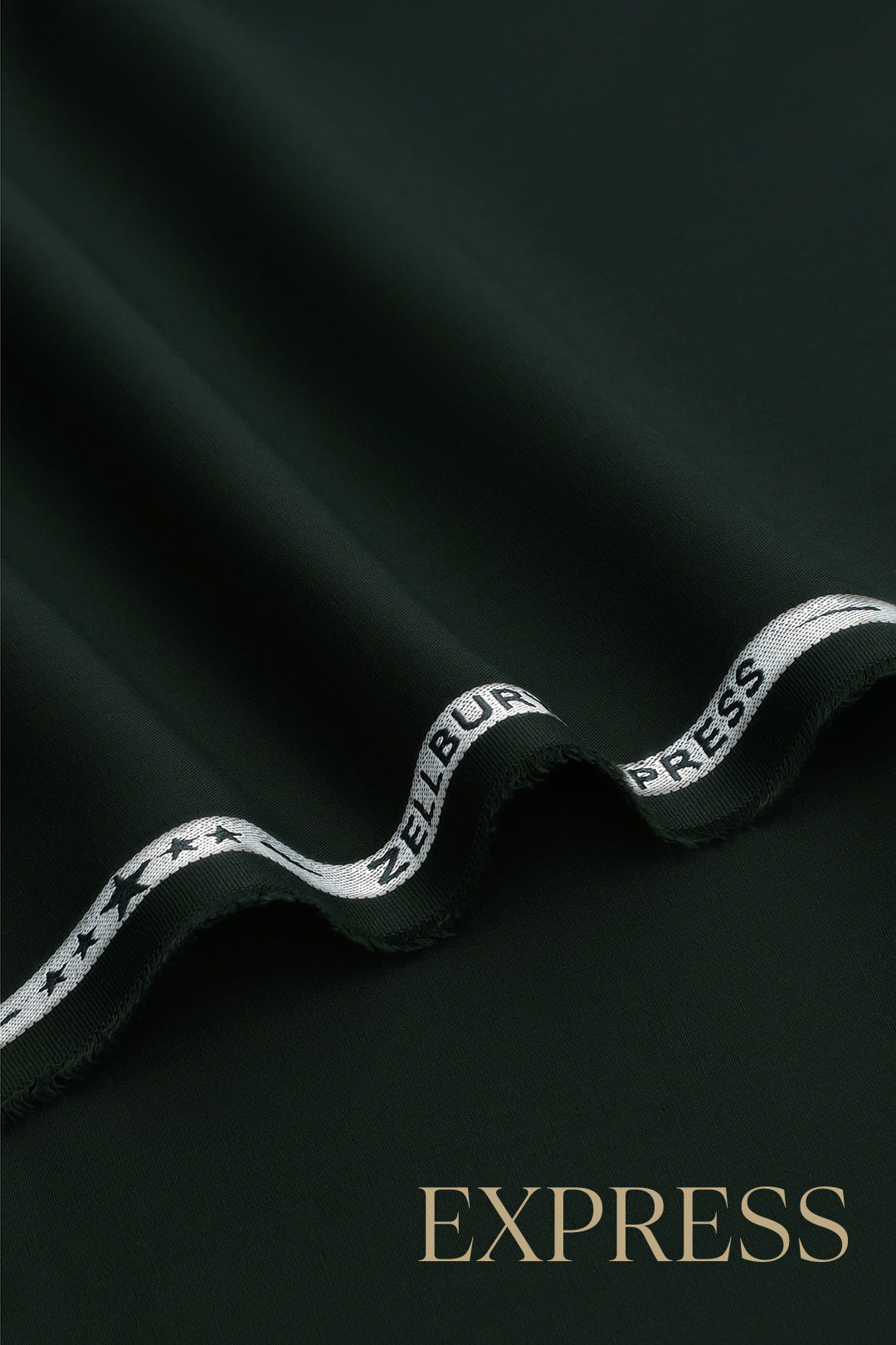 Close-up of smooth suit fabric with branded trim
