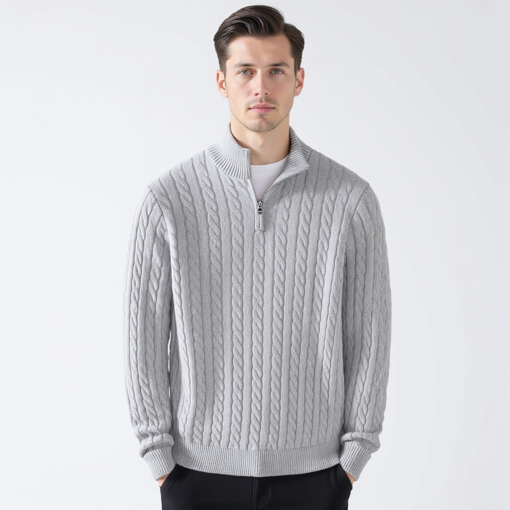 Cable knit sweater with mock collar, quarter zip and ribbed trims