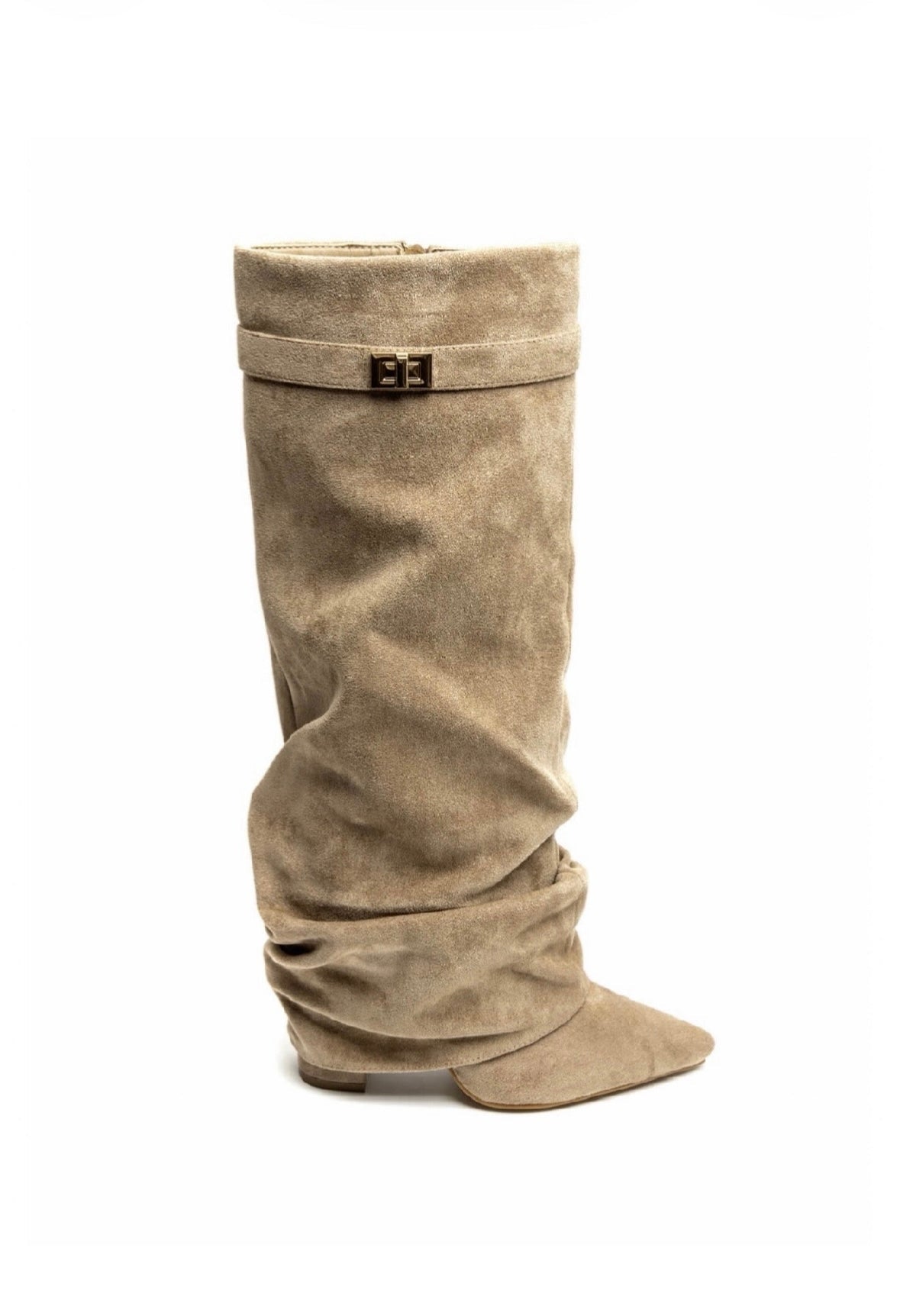 Women's taupe slouch knee-high boots with pointed toes, low heels, side zips and buckle trim