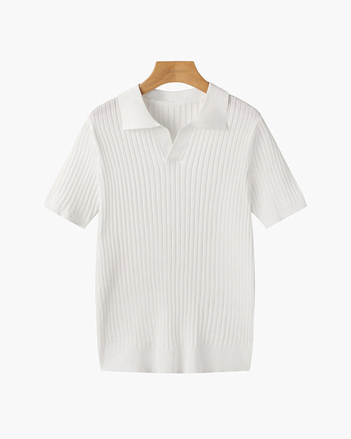 Ribbed knit polo shirt with short sleeves and spread collar