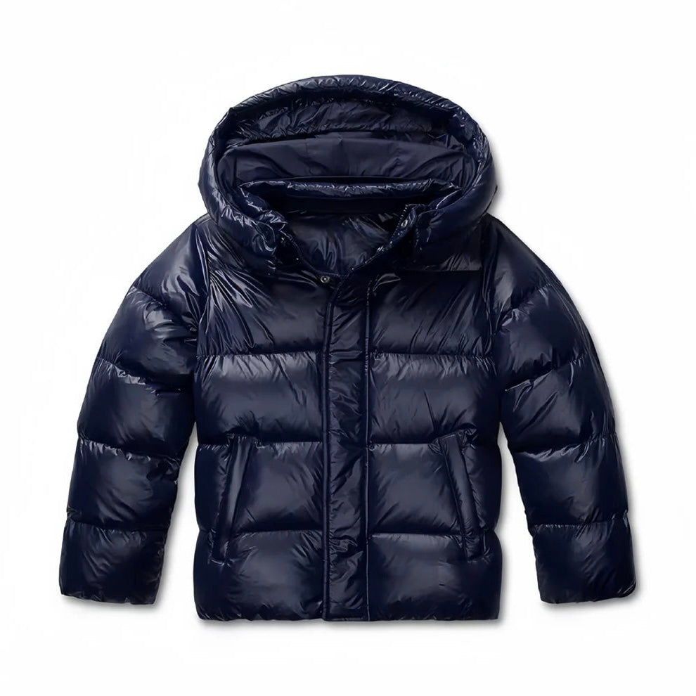Glossy hooded puffer jacket with horizontal padded panels and front pockets