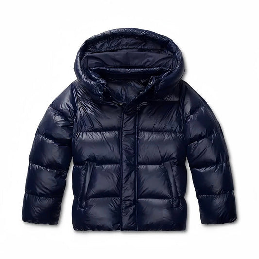 Glossy hooded puffer jacket with horizontal padded panels and front pockets