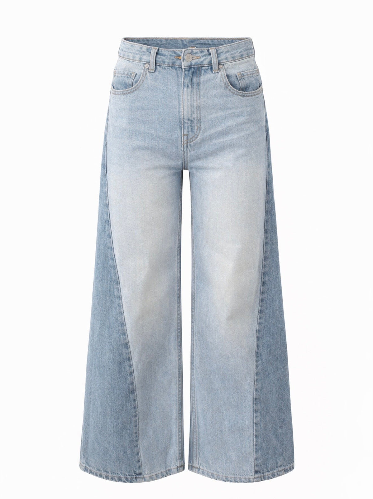 Women's light blue wide-leg jeans with contrast denim panels