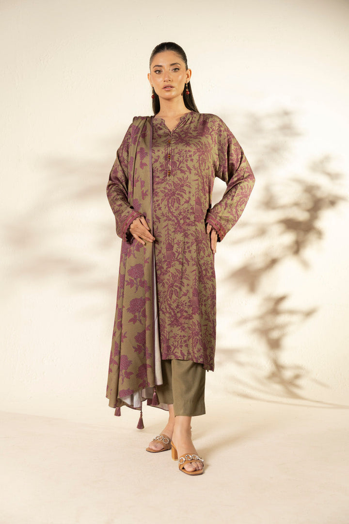 Women's olive green floral longline shirt with matching dupatta