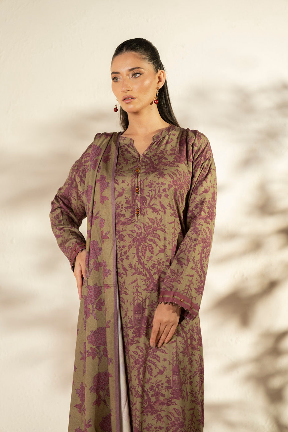 Women's olive green floral longline shirt with matching dupatta