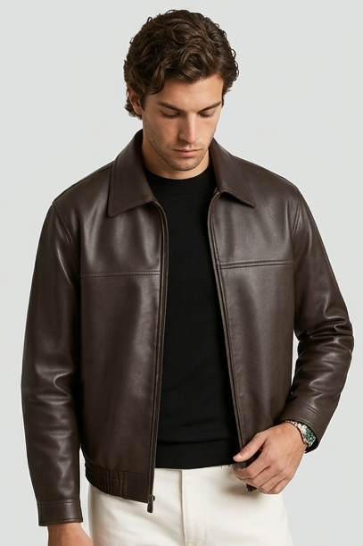 Men's leather-style zip jacket with straight collar and long sleeves