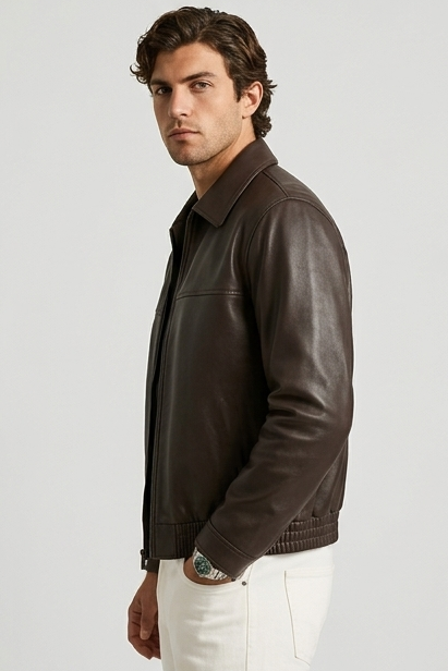 Men's leather-style zip jacket with straight collar and long sleeves