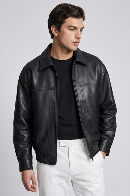 Men's leather-style zip jacket with straight collar and long sleeves
