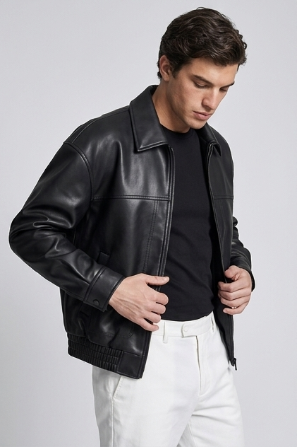Men's leather-style zip jacket with straight collar and long sleeves