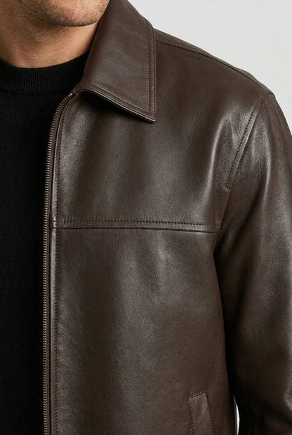 Men's leather-style zip jacket with straight collar and long sleeves