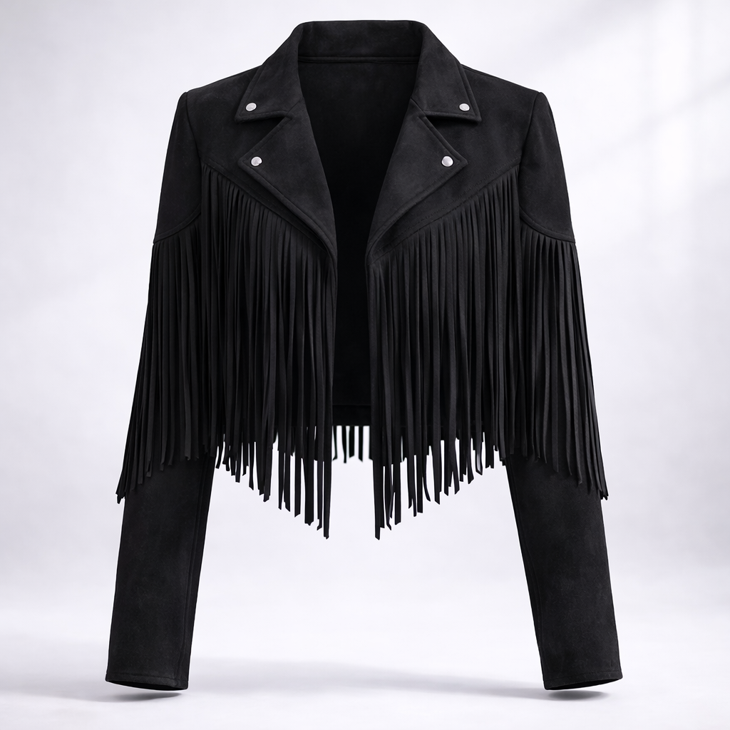 Women's cropped jacket with long fringe panels, notched lapels and long sleeves