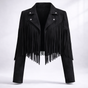 Women's cropped jacket with long fringe panels, notched lapels and long sleeves