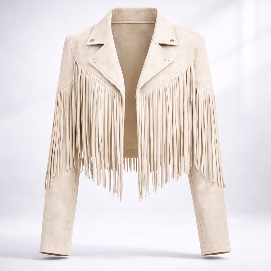 Women's cropped jacket with long fringe panels, notched lapels and long sleeves