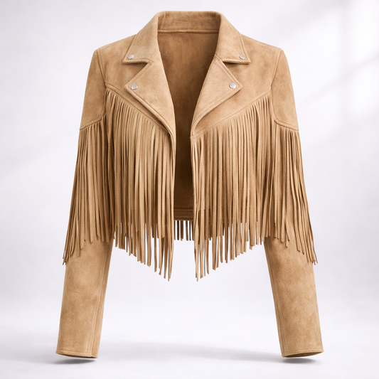 Women's cropped jacket with long fringe panels, notched lapels and long sleeves