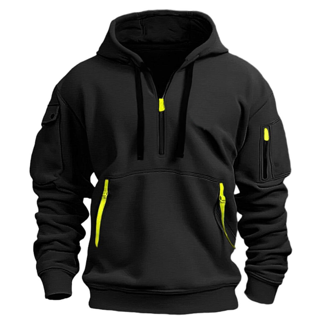 Men's hooded pullover with quarter zip and multiple zip pockets
