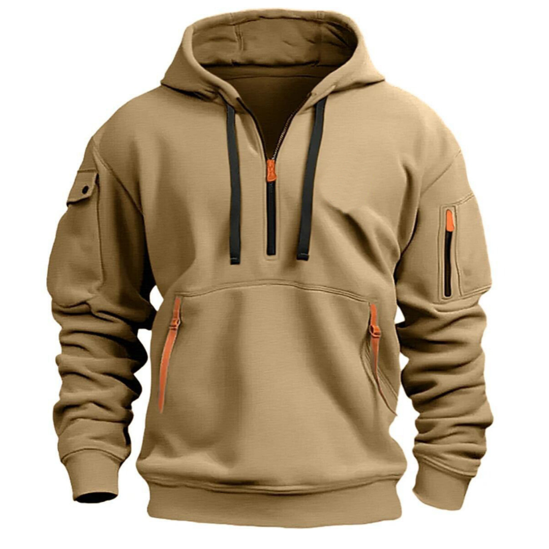 Men's hooded pullover with quarter zip and multiple zip pockets