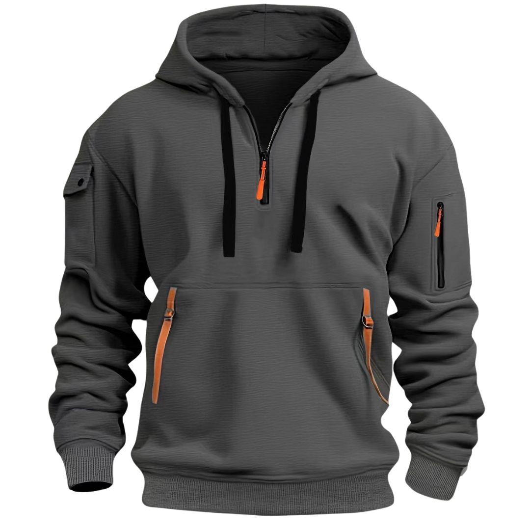 Men's hooded pullover with quarter zip and multiple zip pockets