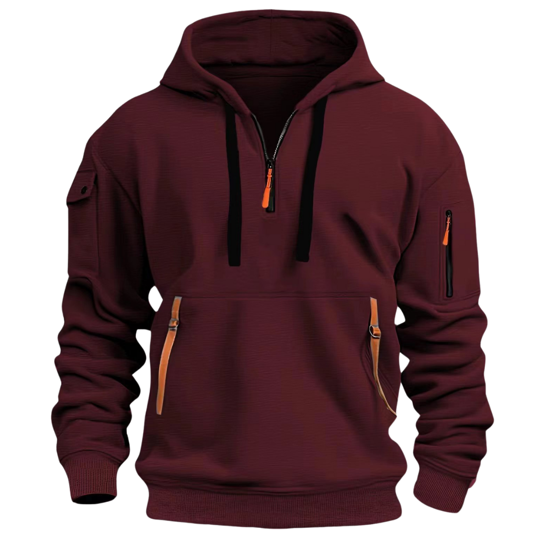 Men's hooded pullover with quarter zip and multiple zip pockets